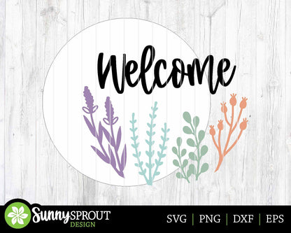 Welcome Wildflower Sign, Digital Download, SVG Laser Cut File, Cricut, Spring Summer Floral Round Door Hanger Design