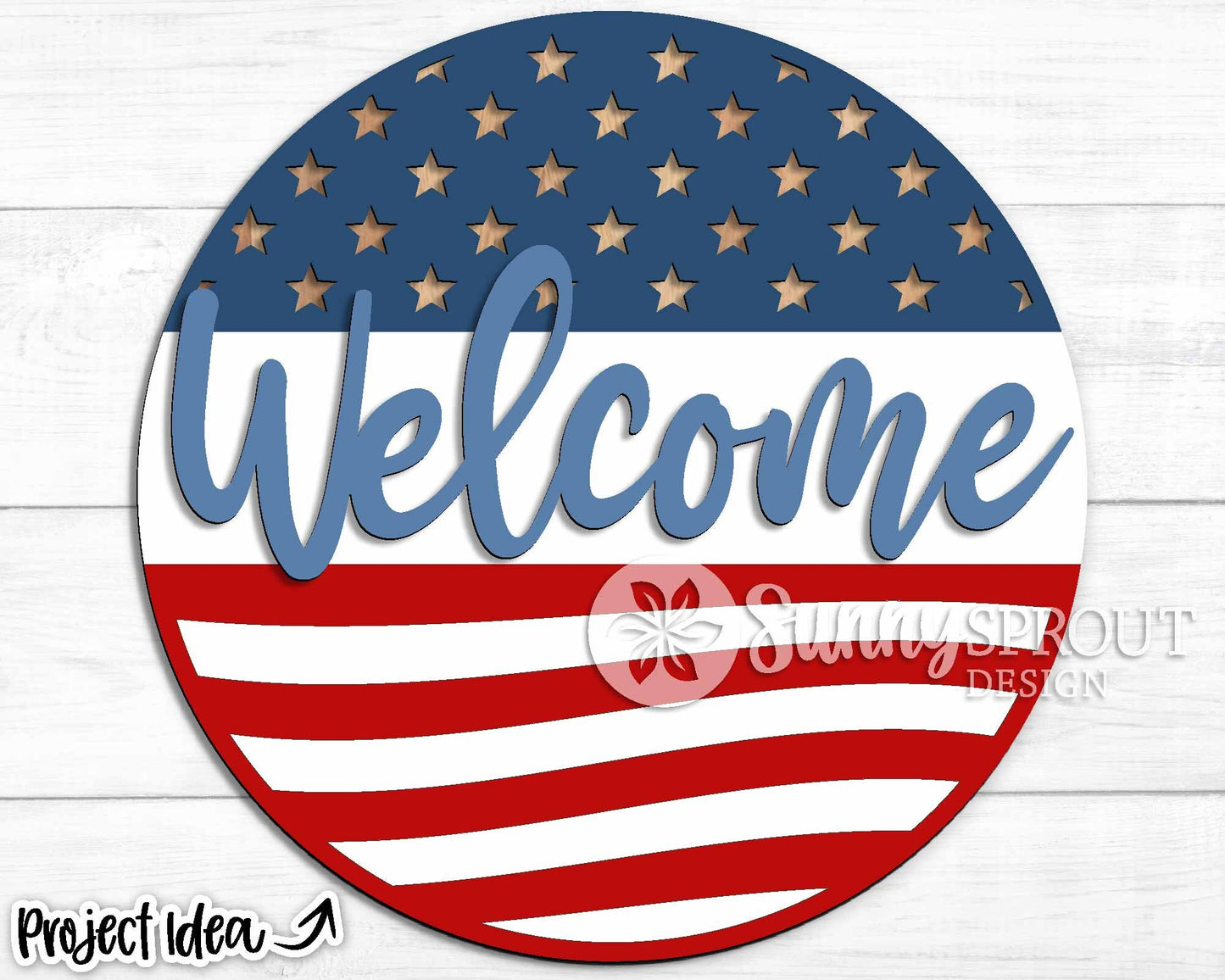 Welcome American Flag Sign, Digital Download, SVG Laser Cut File, Cricut, Round Door Hanger Design, Patriotic 4th of July Decor