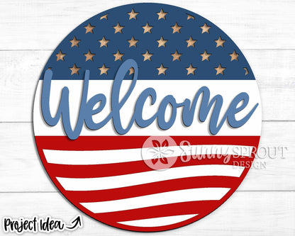 Welcome American Flag Sign, Digital Download, SVG Laser Cut File, Cricut, Round Door Hanger Design, Patriotic 4th of July Decor