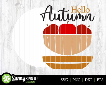 Hello Autumn Apple Bushel Sign, Digital Download, SVG Laser Cut File, Cricut, Round Fall Door Hanger Design, Farmhouse Decor