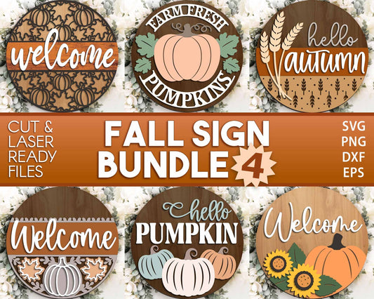Fall Laser Sign Bundle 4, Round door hanger, Glowforge laser file, Cricut, Autumn welcome sign svg, Hello Fall pumpkin svg