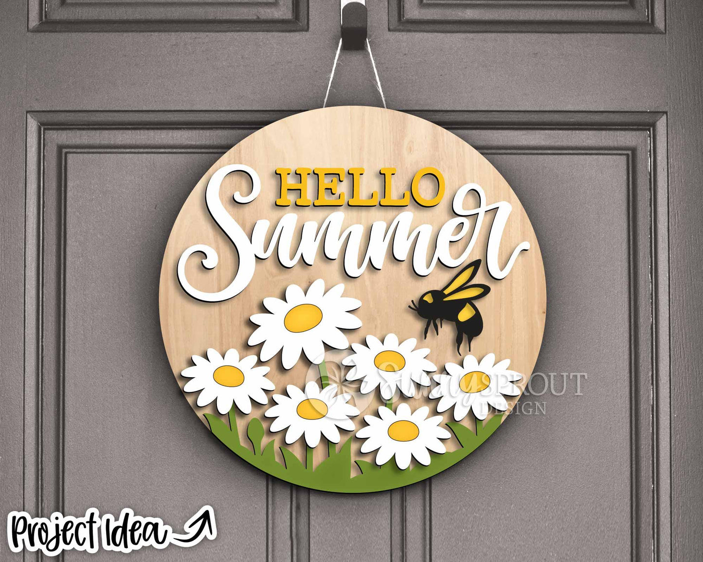 Hello Summer Daisies Bee Sign, Digital Download, SVG Laser Cut File, Cricut, Round Door Hanger Design