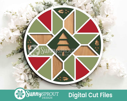 Christmas Tree Barn Quilt Sign, Digital Download, SVG Laser Cut File, Cricut, Round Door Hanger Design, Farmhouse Christmas Decor