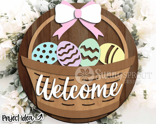Welcome Easter Egg Basket Sign, Digital download, SVG laser cut file, Cricut, Round door hanger design
