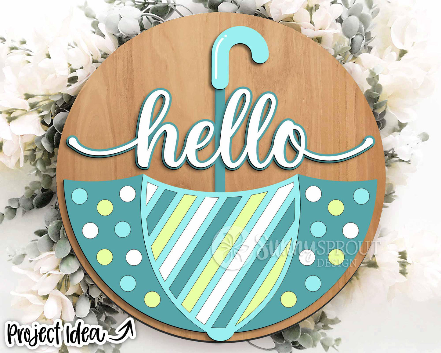 Hello Upside Down Umbrella Sign, Digital download, SVG Laser cut file, Cricut, Round door hanger design, Spring Easter decor