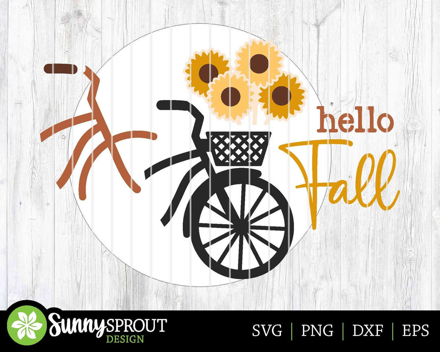 Hello Fall Bicycle Sunflowers Sign, Digital Download, SVG Laser Cut File, Cricut, Round Welcome Door Hanger Design