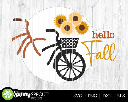 Hello Fall Bicycle Sunflowers Sign, Digital Download, SVG Laser Cut File, Cricut, Round Welcome Door Hanger Design