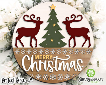 Merry Christmas Tree & Reindeer Sign, Digital Download, SVG Laser Cut File, Cricut, Round Door Hanger Design