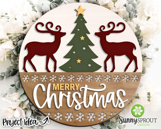 Merry Christmas Tree & Reindeer Sign, Digital Download, SVG Laser Cut File, Cricut, Round Door Hanger Design