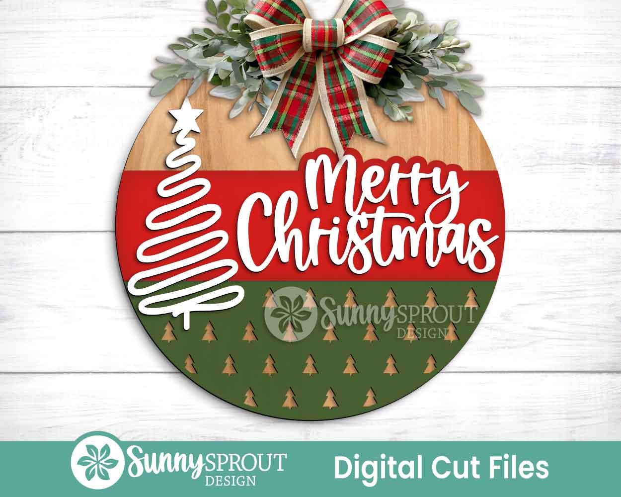 Merry Christmas Hand Drawn Tree Sign, Digital Download, SVG Laser Cut File, Cricut, Round Door Hanger Design