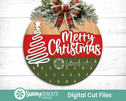Merry Christmas Hand Drawn Tree Sign, Digital Download, SVG Laser Cut File, Cricut, Round Door Hanger Design