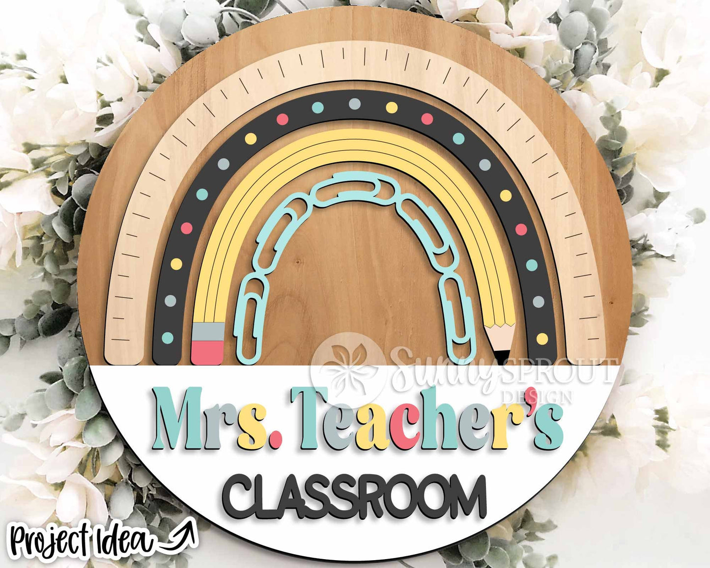 Classroom Rainbow Teacher Name Sign, Digital download, SVG Laser cut file, Cricut, Round door hanger design, Personalize school decor