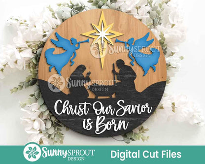 Our Savior Is Born Sign, Digital Download, SVG Laser Cut File, Cricut, Round Door Hanger Design, Christmas Nativity Decor