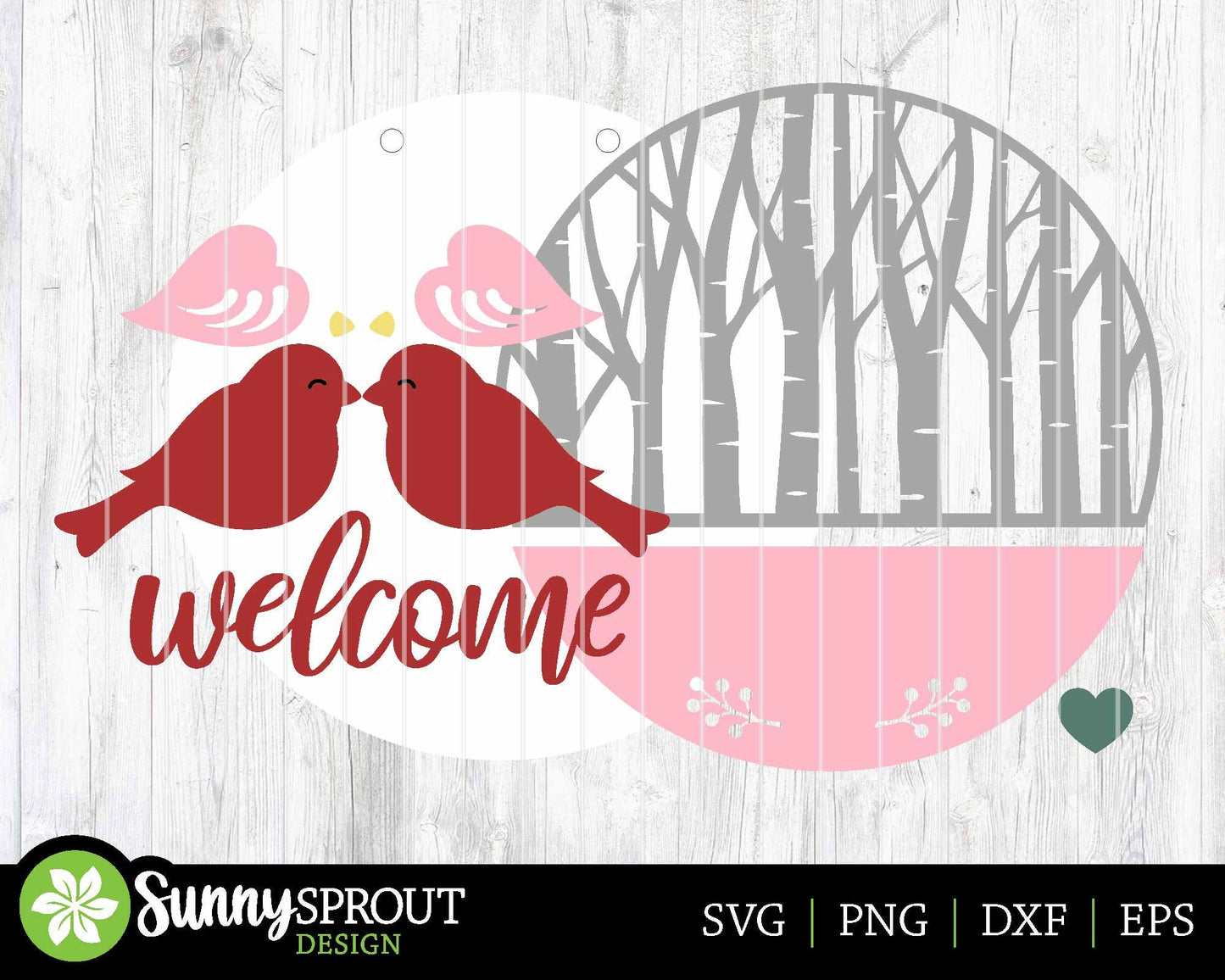 Welcome Love Bird Birch Tree Sign, Digital Download, SVG Laser Cut File, Cricut, Round Door Hanger Design, Valentine's Day Decor
