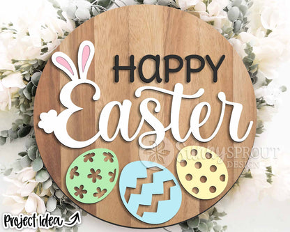 Happy Easter Bunny Eggs Sign, Digital download, SVG Laser cut file, Cricut, Round door hanger design, Spring Easter decor