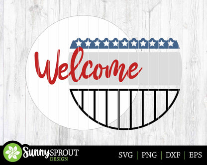 Welcome American Flag Sign, Digital Download, SVG Laser Cut File, Cricut, Round Door Hanger Design, Patriotic 4th of July Decor