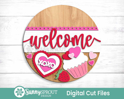 Welcome Valentine Things Heart Cupcake Sign, Digital Download, SVG Laser Cut File, Cricut, Round Door Hanger Design, Valentine's Day Decor
