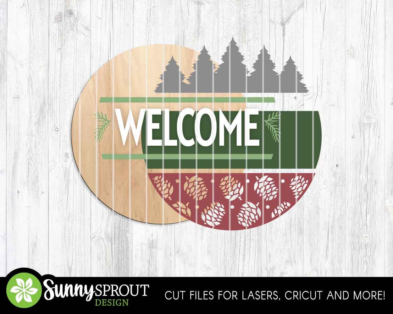 Welcome Pine Cone Sign, Round door hanger svg, Glowforge laser cut file, Cricut, Rustic cabin forest sign, Christmas svg