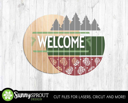 Welcome Pine Cone Sign, Round door hanger svg, Glowforge laser cut file, Cricut, Rustic cabin forest sign, Christmas svg