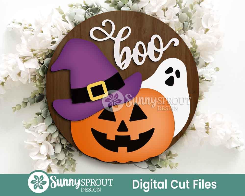 Boo Jack-o-lantern Ghost Witch Hat Sign, Digital Download, SVG Laser Cut File, Cricut, Round Halloween Door Hanger Design