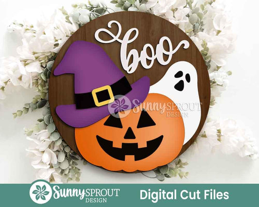 Boo Jack-o-lantern Ghost Witch Hat Sign, Digital Download, SVG Laser Cut File, Cricut, Round Halloween Door Hanger Design