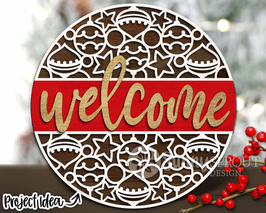 Welcome Ornament Pattern Sign, Digital Download, SVG Laser Cut File, Cricut, Round Door Hanger Design, Christmas Decor