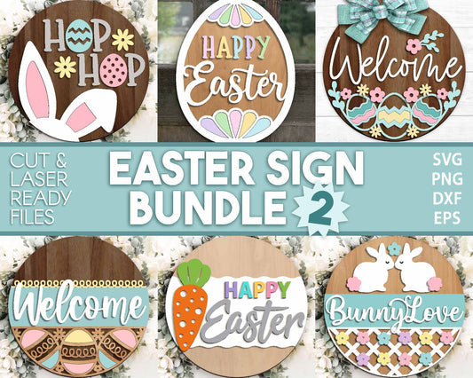 Easter Sign Bundle 2, Round door hanger svg, Glowforge laser file, Cricut cut file, Silhouette, Spring welcome sign svg