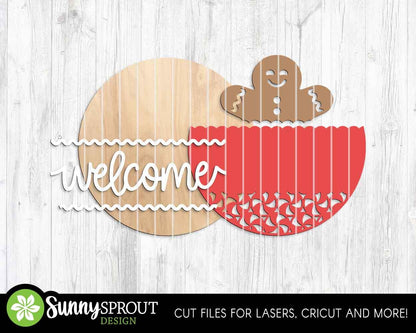 Welcome Gingerbread & Peppermint Sign, Digital Download, SVG Laser Cut File, Cricut, Round Door Hanger Design, Christmas Decor