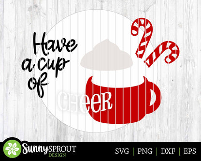 Have a Cup of Cheer Mug Candy Cane Sign, Digital Download, SVG Laser Cut File, Cricut, Round Door Hanger Design, Christmas Decor