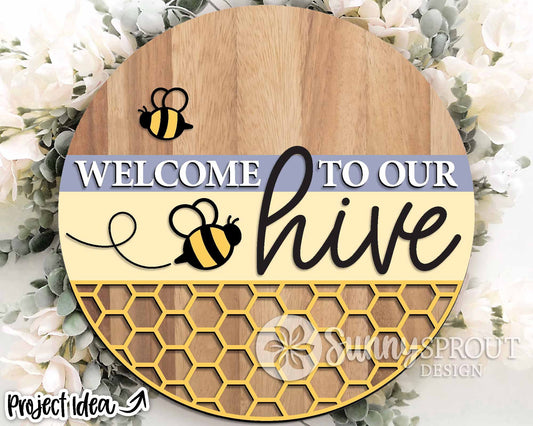 Welcome To Our Hive Honeycomb Bee Sign, Digital Download, SVG Laser Cut File, Summer Round Door Hanger Design