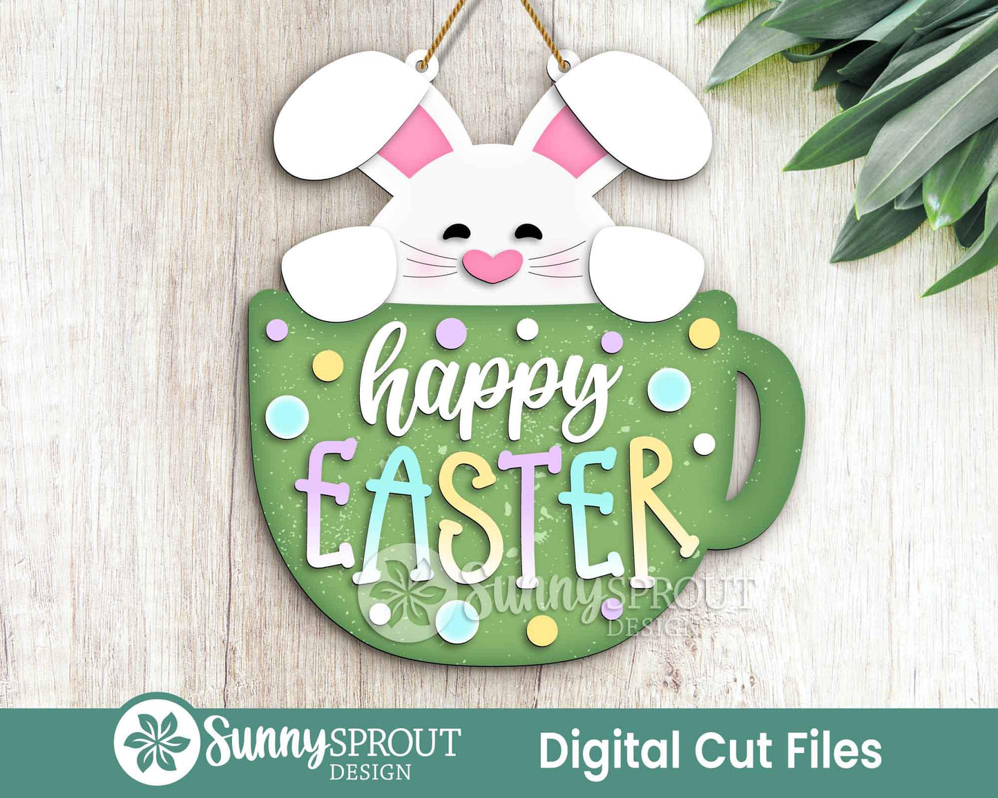 Happy Easter Bunny Mug Sign, Digital download, SVG Laser cut file, Cricut, Door hanger wall art design, Spring decor