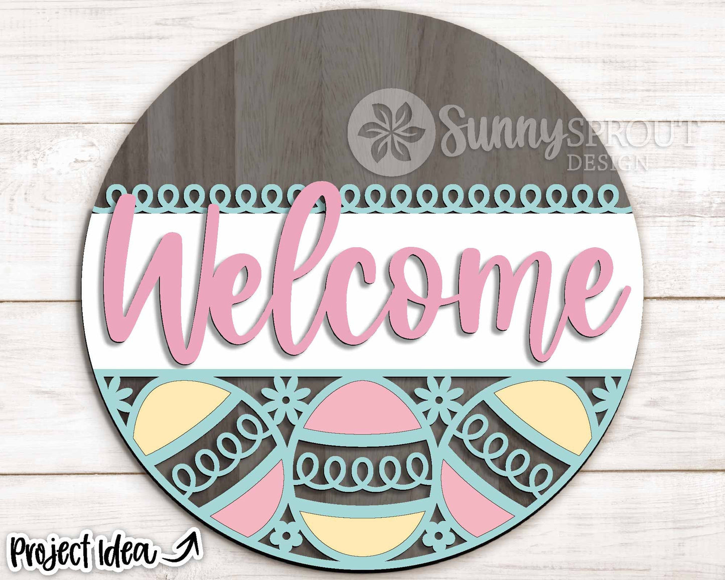 Welcome Easter Egg Pattern Sign, Digital download, SVG laser cut file, Cricut, Round door hanger design