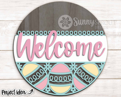 Welcome Easter Egg Pattern Sign, Digital download, SVG laser cut file, Cricut, Round door hanger design