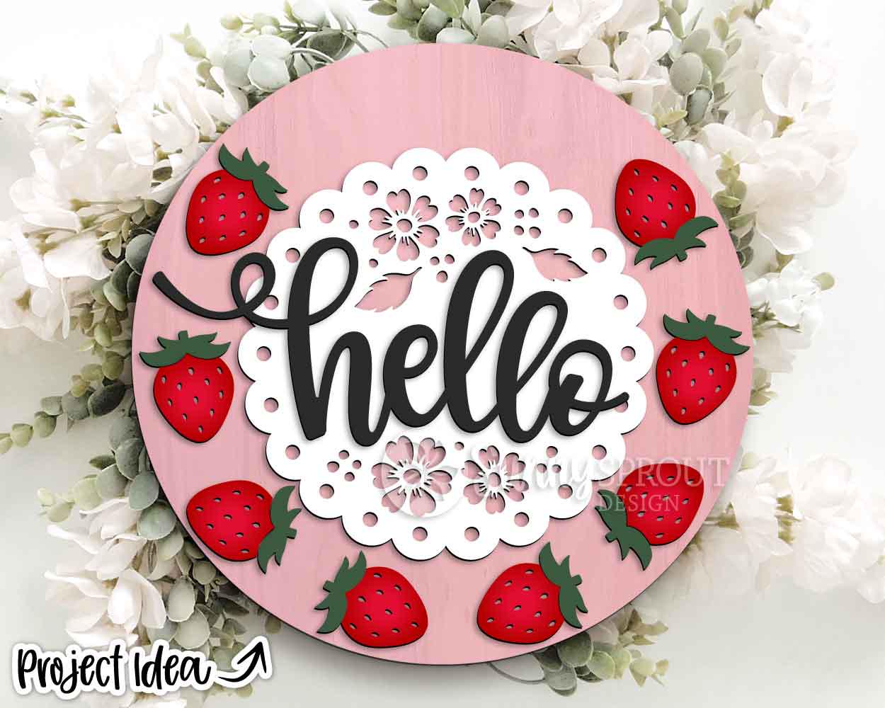 Hello Strawberry Doily Sign, Digital Download, SVG Laser Cut File, Cricut, Summer Round Door Hanger Design