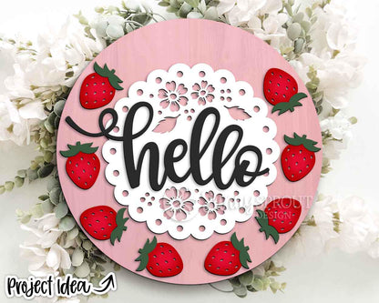 Hello Strawberry Doily Sign, Digital Download, SVG Laser Cut File, Cricut, Summer Round Door Hanger Design