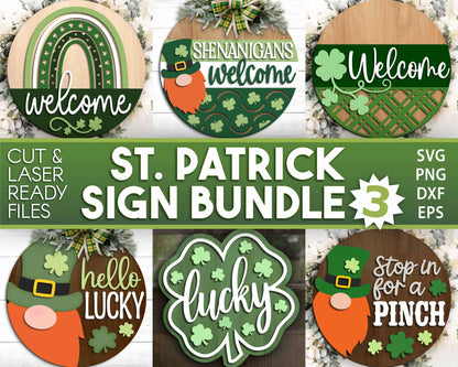 St. Patrick's Day Laser Sign Bundle 3, Round door hanger svg, Glowforge laser file, Cricut, Shamrock clover welcome sign