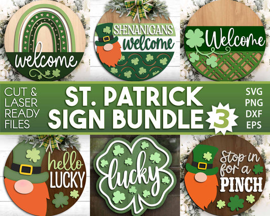 St. Patrick's Day Laser Sign Bundle 3, Round door hanger svg, Glowforge laser file, Cricut, Shamrock clover welcome sign