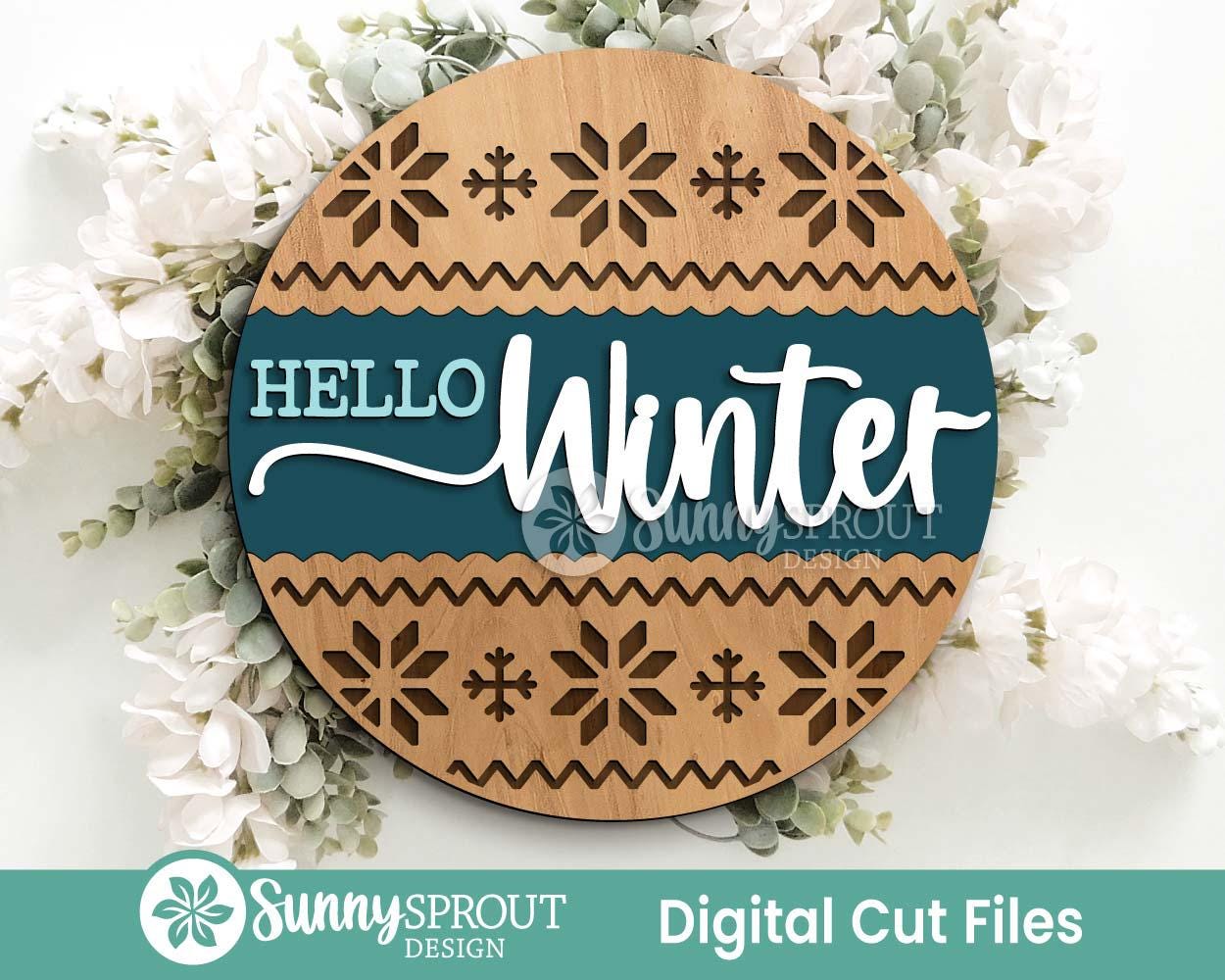 Hello Winter Sweater Pattern Sign, Round door hanger, Glowforge laser file, Cricut, Christmas svg, Winter welcome sign svg