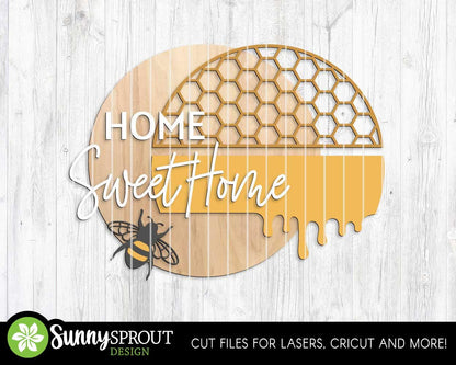Home Sweet Home Honey Bee Sign, Digital Download, SVG Laser Cut File, Cricut, Summer Round Door Hanger Design
