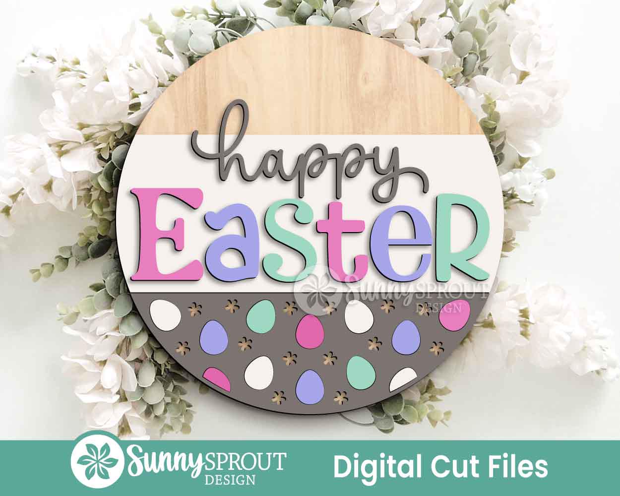 Happy Easter Egg Pattern Sign, Digital download, SVG Laser cut file, Cricut, Round door hanger design, Spring decor