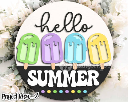 Hello Summer Popsicle Drip Sign, Digital Download, SVG Laser Cut File, Cricut, Round Door Hanger Design