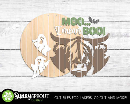 Moo I Mean Boo Highland Cow Sign, Digital Download, SVG Laser Cut File, Cricut, Round Halloween Door Hanger Design, Farm Decor