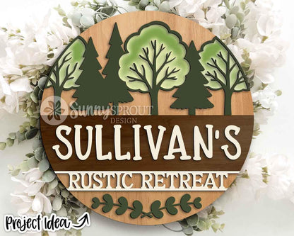 Personalizable Campsite Sign, Digital download, SVG Laser cut file, Cricut, Round door hanger design, Family name camping decor