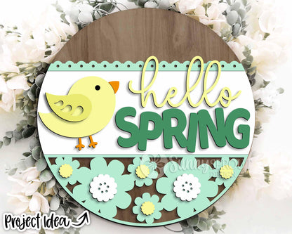 Hello Spring Chick and Daisies Sign, Digital download, SVG Laser cut file, Cricut, Round door hanger design