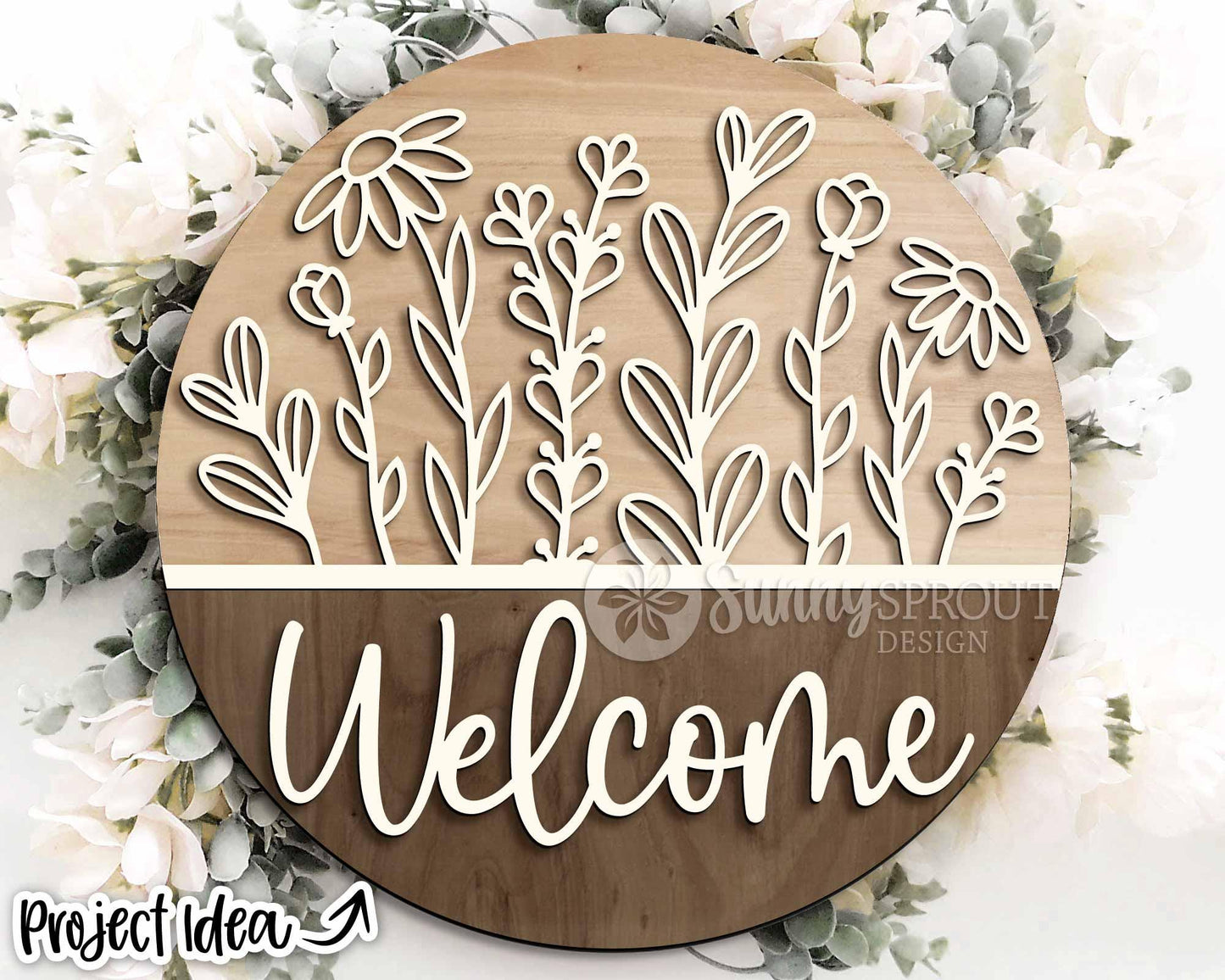 Welcome Wildflowers Sign, Digital Download, SVG Laser Cut File, Cricut, Summer Floral Round Door Hanger Design