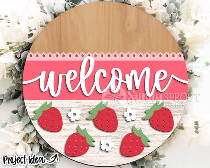 Welcome Strawberry Sign, Digital Download, SVG Laser Cut File, Cricut, Summer Round Door Hanger Design