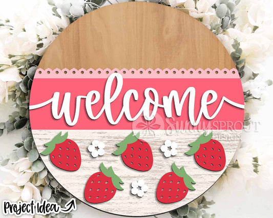 Welcome Strawberry Sign, Digital Download, SVG Laser Cut File, Cricut, Summer Round Door Hanger Design