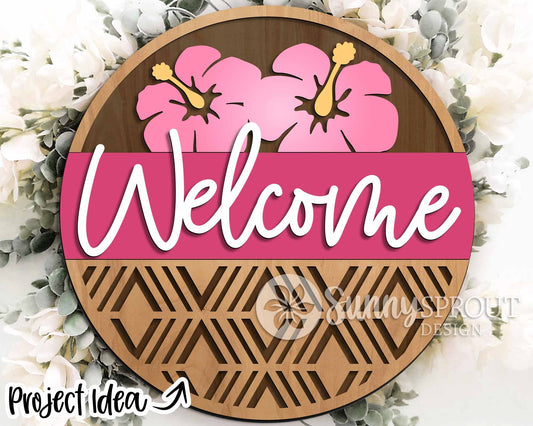 Welcome Tropical Hibiscus Flower Sign, Digital Download, SVG Laser Cut File, Cricut, Summer Round Door Hanger Design
