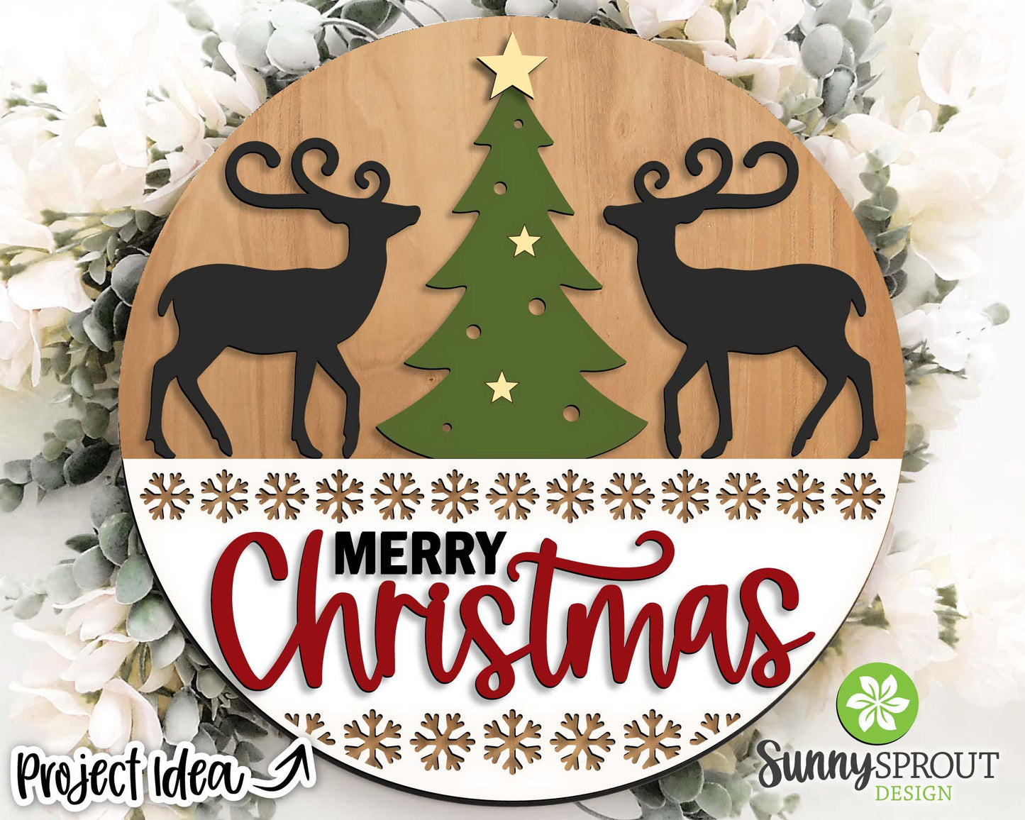 Merry Christmas Tree & Reindeer Sign, Digital Download, SVG Laser Cut File, Cricut, Round Door Hanger Design