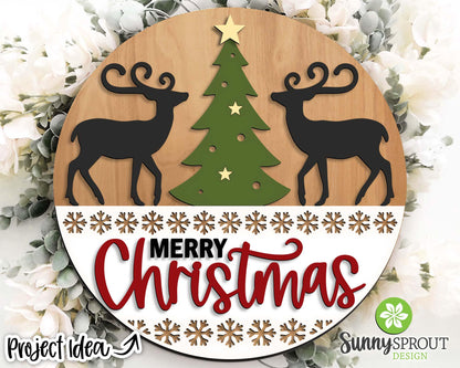 Merry Christmas Tree & Reindeer Sign, Digital Download, SVG Laser Cut File, Cricut, Round Door Hanger Design